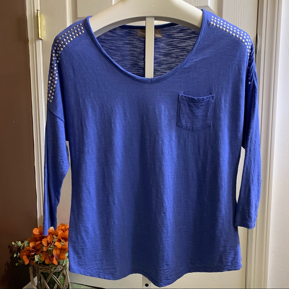 Chico’s Drop Shoulder Top 3/4 Sleeves Silver Shoulder Accent Burnished Blue Sz 1